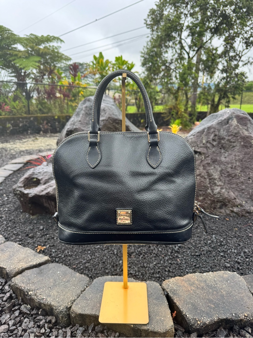 Dooney & Bourke Black Leather Dome Satchel Bag Red Interior